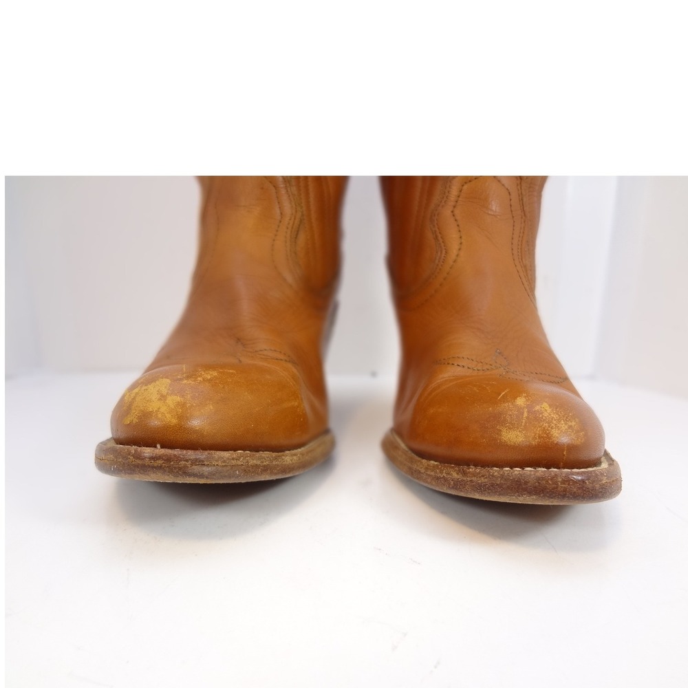 Frye Western Cowboy Boots Womens 7.5B Tan Leather Good Vintage Stacked Heel USA - Picture 2 of 9